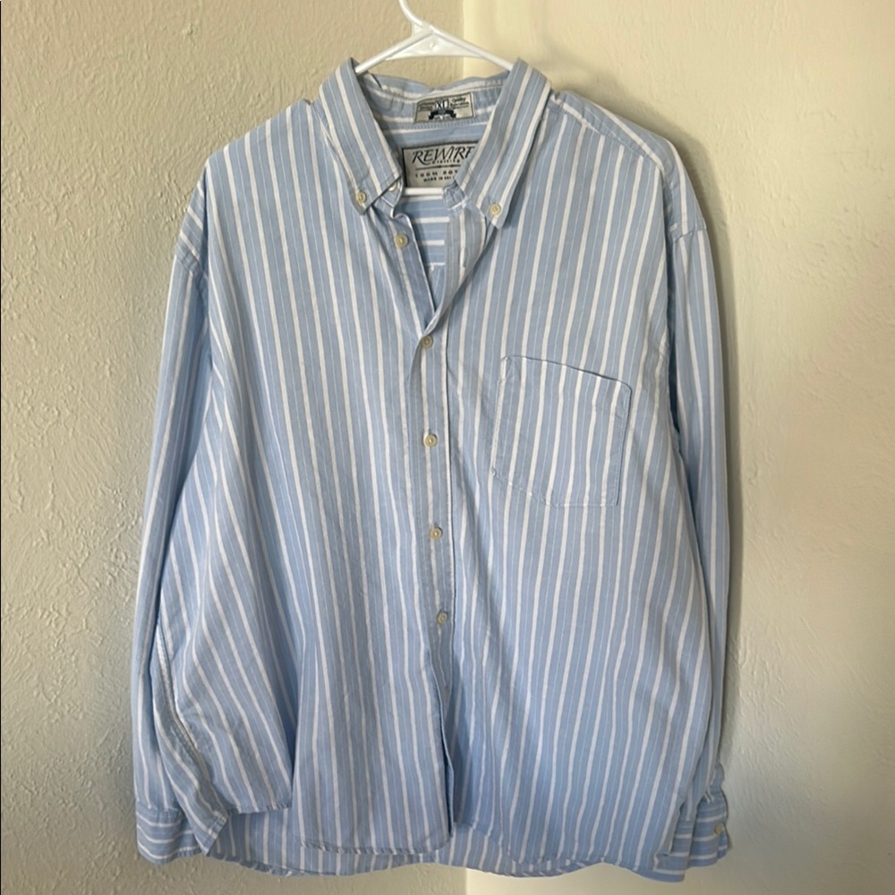 Blue and White Casual Button Down Shirt with Mandarin Collar